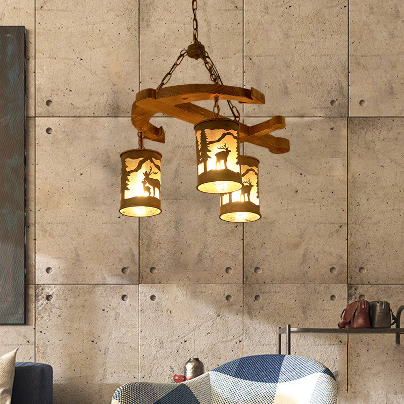 Cylinder Living Room Chandelier Rustic Wood 3 Lights Brown Hanging Fixture with Anchor Accents Clearhalo 'Ceiling Lights' 'Chandeliers' Lighting' options 228142