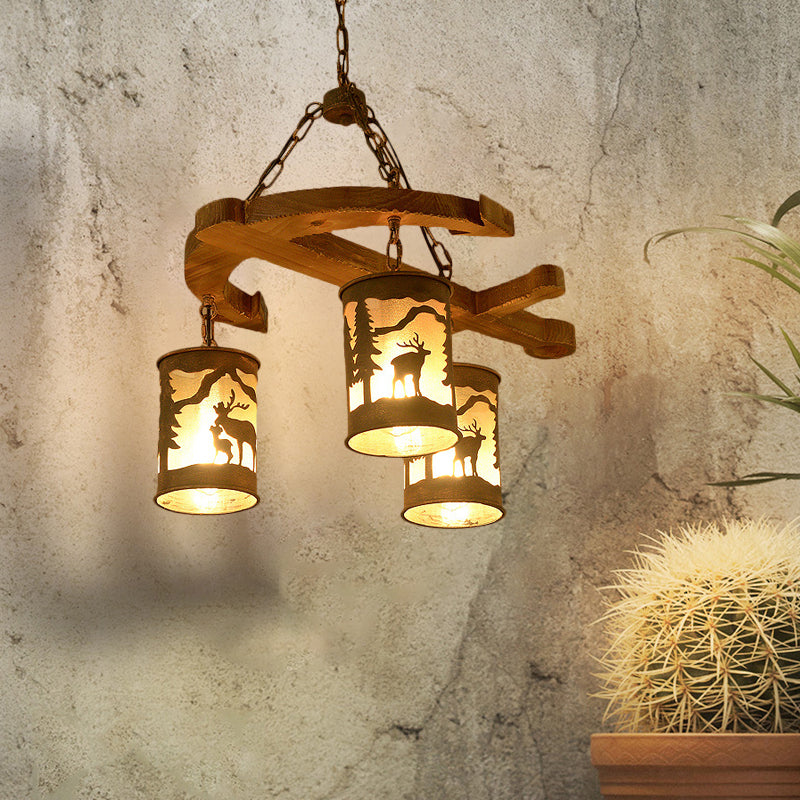 Cylinder Living Room Chandelier Rustic Wood 3 Lights Brown Hanging Fixture with Anchor Accents Clearhalo 'Ceiling Lights' 'Chandeliers' Lighting' options 228143
