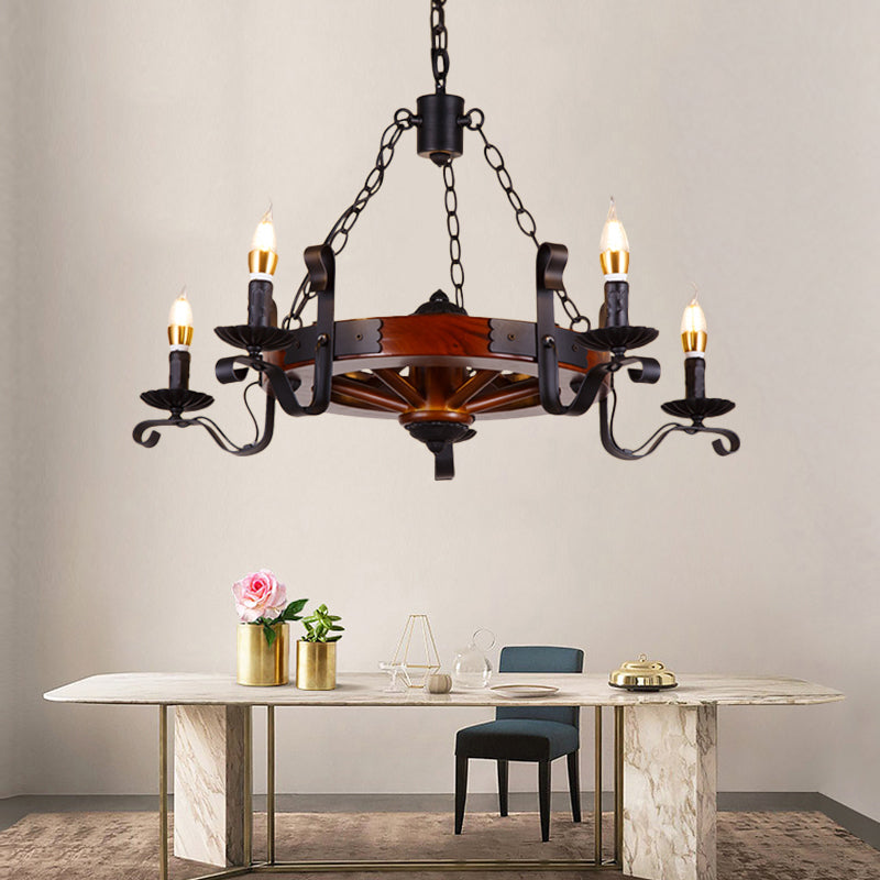 Red Brown Candle Chandelier Lamp Country Wood 3/5/6 Lights Dining Room Hanging Light Clearhalo 'Ceiling Lights' 'Chandeliers' Lighting' options 228161