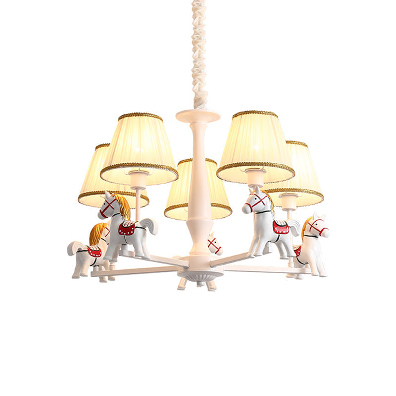 White Horse Chandelier Lamp Childrens Resin Ceiling Pendant Light with Tapered Pleated Fabric Shade 5 White Clearhalo 'Ceiling Lights' 'Chandeliers' Lighting' options 2282352_3c127f2e-8747-47bd-9934-6dbf724adff0
