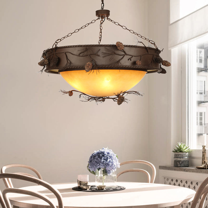 4 Lights Ceiling Light Country Bowl Frosted Glass Hanging Chandelier in Red Brown with Pinecone Accents Red Brown Clearhalo 'Ceiling Lights' 'Chandeliers' 'Glass shade' 'Glass' Lighting' 228236