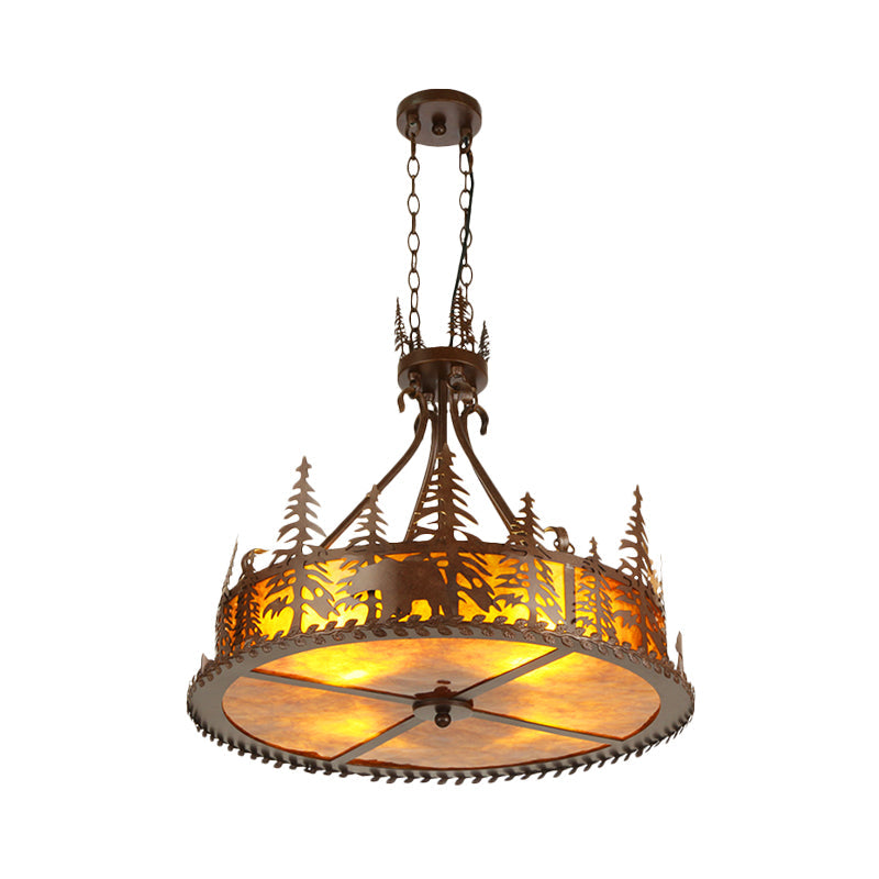 Brown Round Chandelier Lamp Country Metal 3 Lights Living Room Hanging Light with Tree Pattern Clearhalo 'Ceiling Lights' 'Chandeliers' Lighting' options 228243