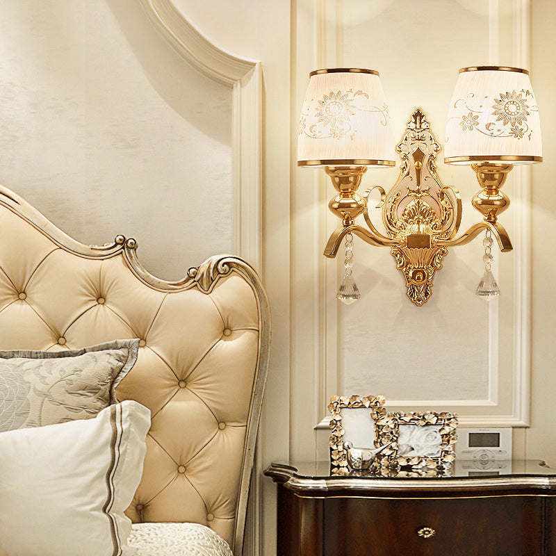 Patterned Glass Gold Wall Light Fixture Tapered Traditional Wall Sconce for Bedroom Clearhalo 'Wall Lamps & Sconces' 'Wall Lights' Lighting' 2282538
