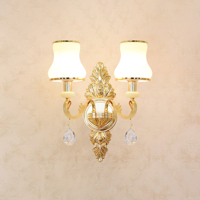 Gold Carved Arm Wall Sconce Light Traditional Metal Bedroom Wall Light with White Lampshade 2.0 White B Clearhalo 'Wall Lamps & Sconces' 'Wall Lights' Lighting' 2282563