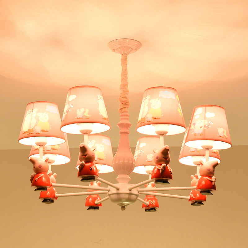 Cartoon Chandelier Lighting White Conical Suspension Light with Tapered Fabric Shade for Kids Room 8 White Pig Clearhalo 'Ceiling Lights' 'Chandeliers' Lighting' options 2282712_97077e60-ded7-48e4-a70d-9db2066a48c2