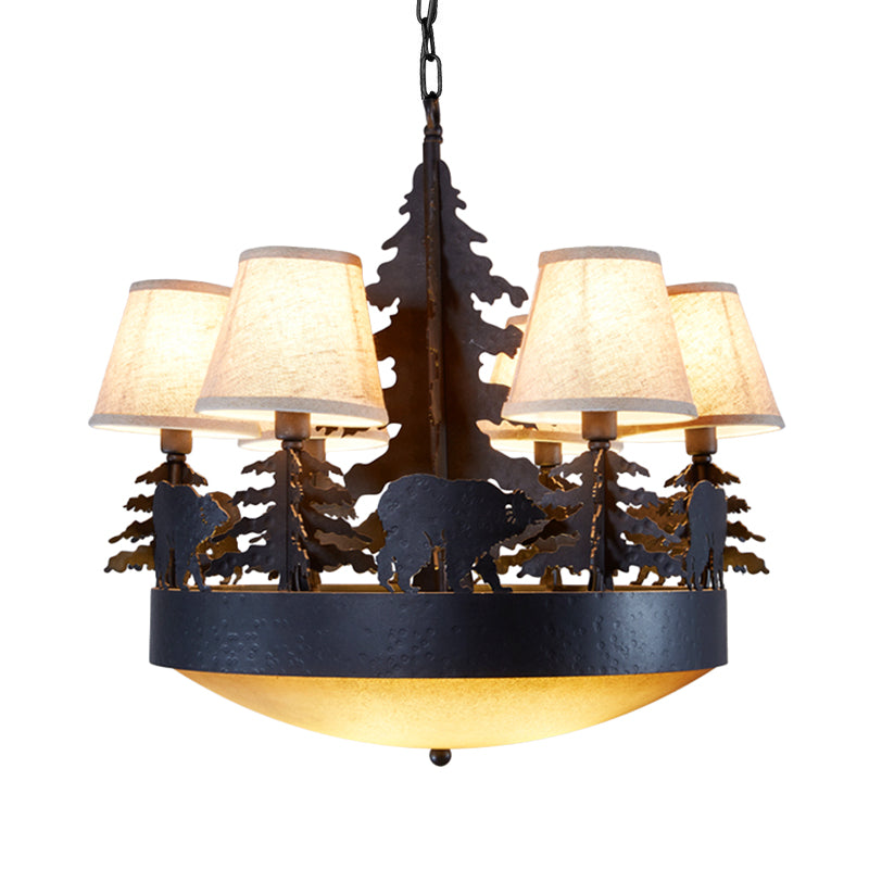 8 Bulbs Bowl Chandelier Light Country Black Opal Glass Hanging Ceiling Fixture with Cone Fabric Shade Clearhalo 'Ceiling Lights' 'Chandeliers' 'Close To Ceiling Lights' 'Glass shade' 'Glass' Lighting' 228275