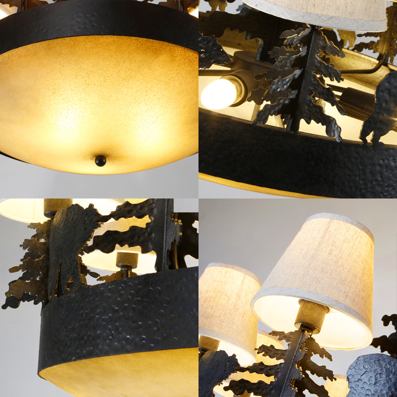 8 Bulbs Bowl Chandelier Light Country Black Opal Glass Hanging Ceiling Fixture with Cone Fabric Shade Clearhalo 'Ceiling Lights' 'Chandeliers' 'Close To Ceiling Lights' 'Glass shade' 'Glass' Lighting' 228277