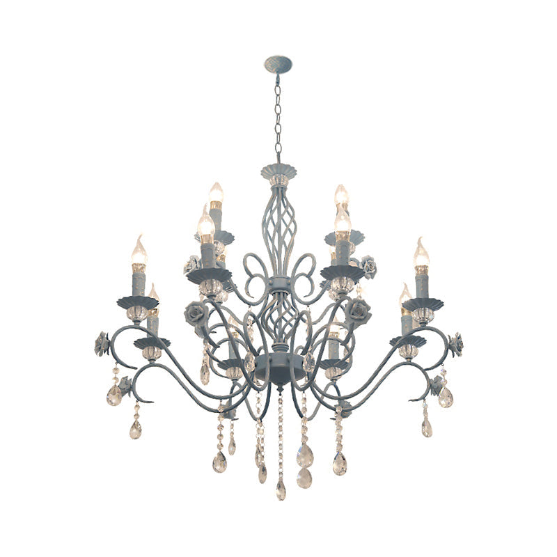 Blue Candelabra Hanging Ceiling Light Traditional Metal 12 Lights Living Room Chandelier Light with Crystal Drop Clearhalo 'Ceiling Lights' 'Chandeliers' Lighting' options 228299
