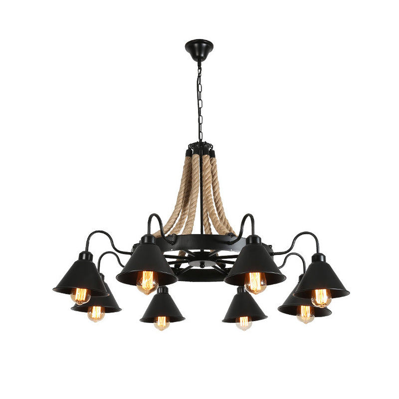 Conical Chandelier Light Industrial Black Iron Suspension Lighting with Wheel and Hemp Decoration Clearhalo 'Cast Iron' 'Ceiling Lights' 'Chandeliers' 'Industrial Chandeliers' 'Industrial' 'Metal' 'Middle Century Chandeliers' 'Rustic Chandeliers' 'Tiffany' Lighting' 2283299