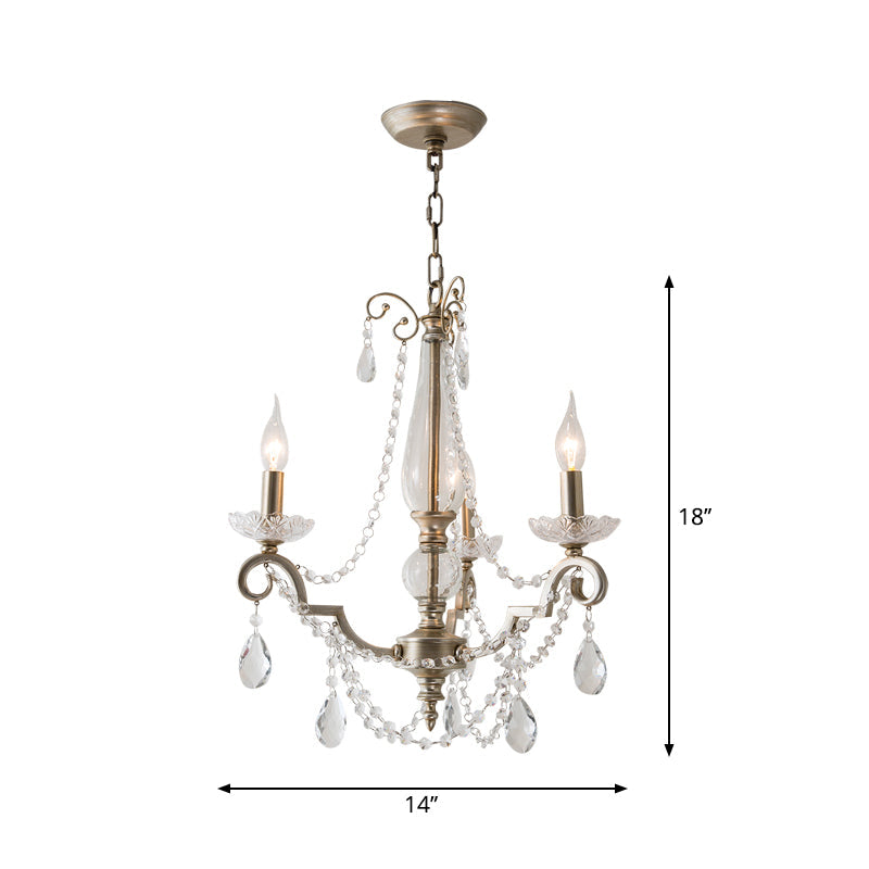 Aged Silver Candle Chandelier Rustic Crystal Living Room Suspension Light with Swirled Arm 3 Silver Clearhalo 'Ceiling Lights' 'Chandeliers' Lighting' options 2283375_355a1cc3-9a1f-4aff-8ebc-5e5cc88a5693