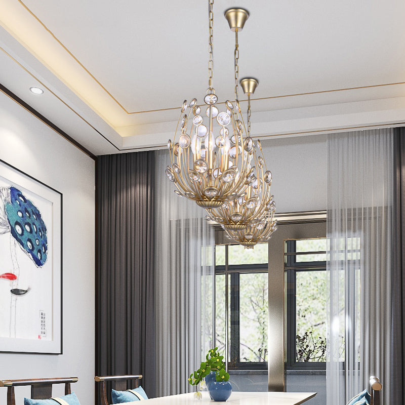 Flower Crystal Ceiling Light Rustic 3 Lights Dining Room Chandelier Light with Champagne Arm Champagne Clearhalo 'Ceiling Lights' 'Chandeliers' Lighting' options 228345_2da5c7f6-47e3-4609-94b4-17e2e3ceb68f