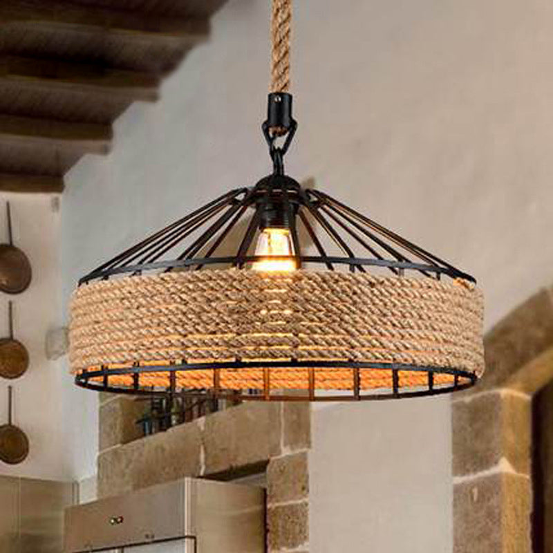 Black Yurt Shaped Hanging Light Loft Hemp Rope 1 Bulb Dining Room Pendant Ceiling Lamp Clearhalo 'Art Deco Pendants' 'Black' 'Cast Iron' 'Ceiling Lights' 'Ceramic' 'Crystal' 'Industrial Pendants' 'Industrial' 'Metal' 'Middle Century Pendants' 'Pendant Lights' 'Pendants' 'Rustic Pendants' 'Tiffany' Lighting' 2283468