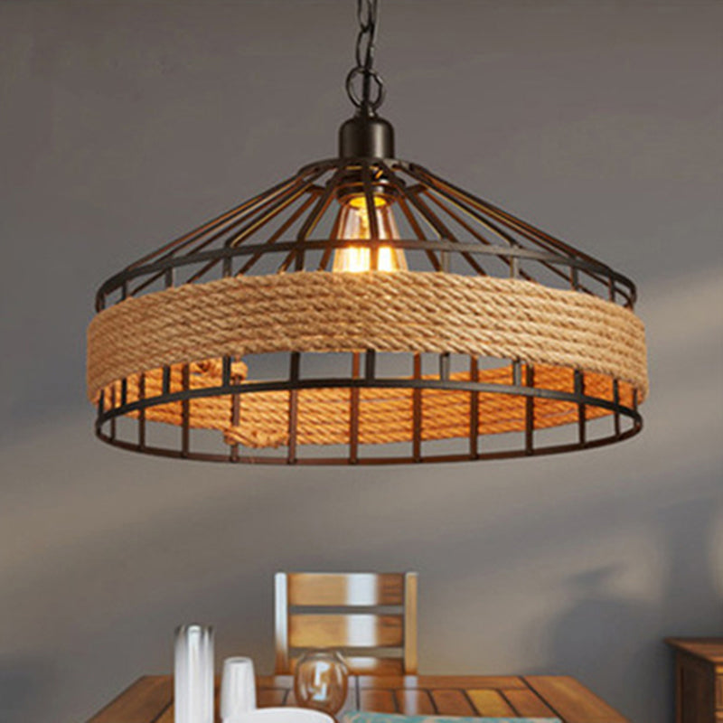 Black Yurt Shaped Hanging Light Loft Hemp Rope 1 Bulb Dining Room Pendant Ceiling Lamp Clearhalo 'Art Deco Pendants' 'Black' 'Cast Iron' 'Ceiling Lights' 'Ceramic' 'Crystal' 'Industrial Pendants' 'Industrial' 'Metal' 'Middle Century Pendants' 'Pendant Lights' 'Pendants' 'Rustic Pendants' 'Tiffany' Lighting' 2283470