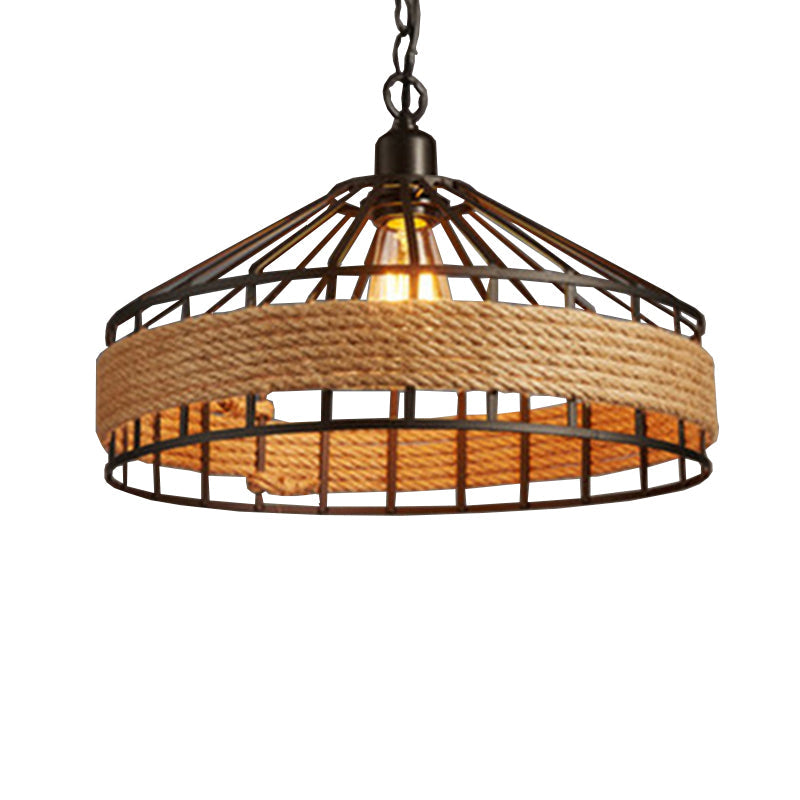 Black Yurt Shaped Hanging Light Loft Hemp Rope 1 Bulb Dining Room Pendant Ceiling Lamp Clearhalo 'Art Deco Pendants' 'Black' 'Cast Iron' 'Ceiling Lights' 'Ceramic' 'Crystal' 'Industrial Pendants' 'Industrial' 'Metal' 'Middle Century Pendants' 'Pendant Lights' 'Pendants' 'Rustic Pendants' 'Tiffany' Lighting' 2283471