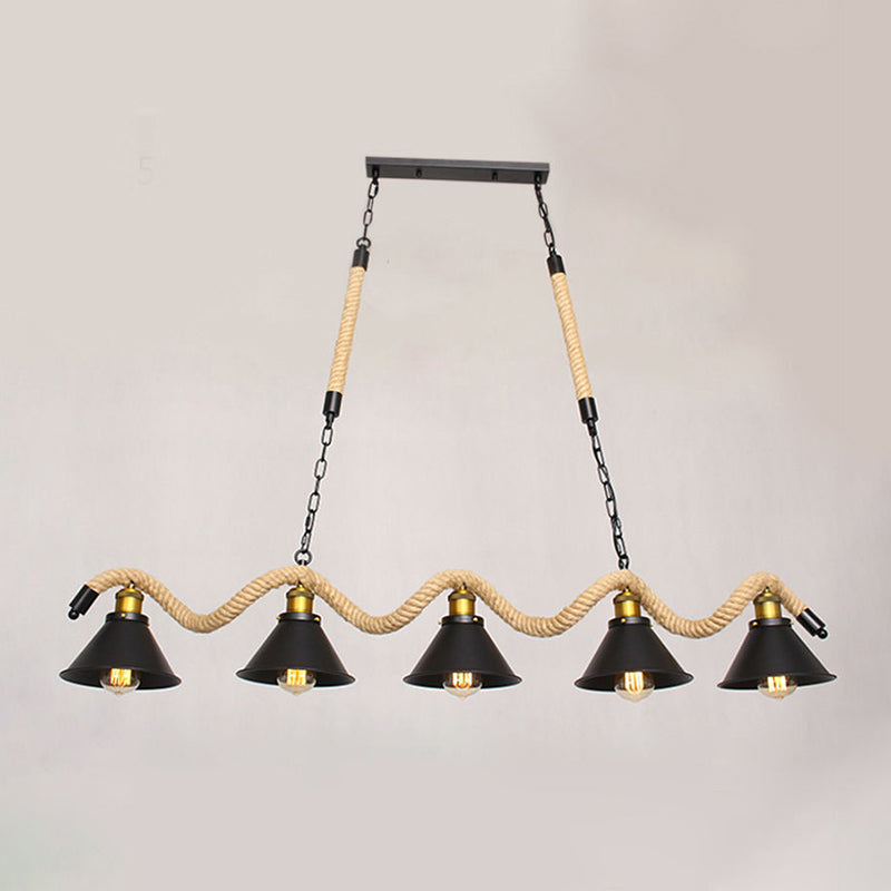 Metal Conical Island Ceiling Light Industrial Style Bar Pendant Lamp with Wavy Hemp Rope in Black 5 Black Clearhalo 'Ceiling Lights' 'Island Lights' Lighting' 2283500