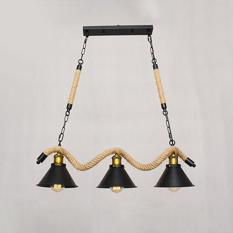 Metal Conical Island Ceiling Light Industrial Style Bar Pendant Lamp with Wavy Hemp Rope in Black 3 Black Clearhalo 'Ceiling Lights' 'Island Lights' Lighting' 2283501