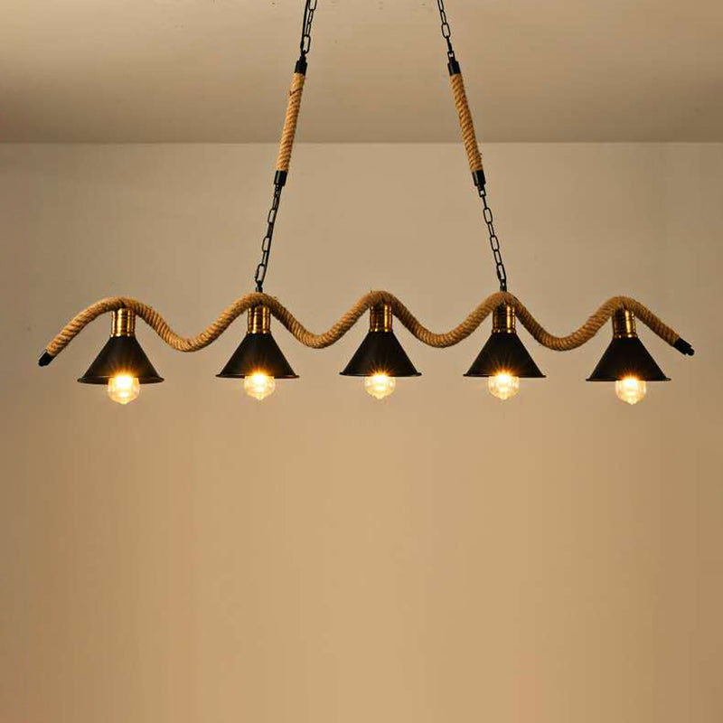 Metal Conical Island Ceiling Light Industrial Style Bar Pendant Lamp with Wavy Hemp Rope in Black Clearhalo 'Ceiling Lights' 'Island Lights' Lighting' 2283504