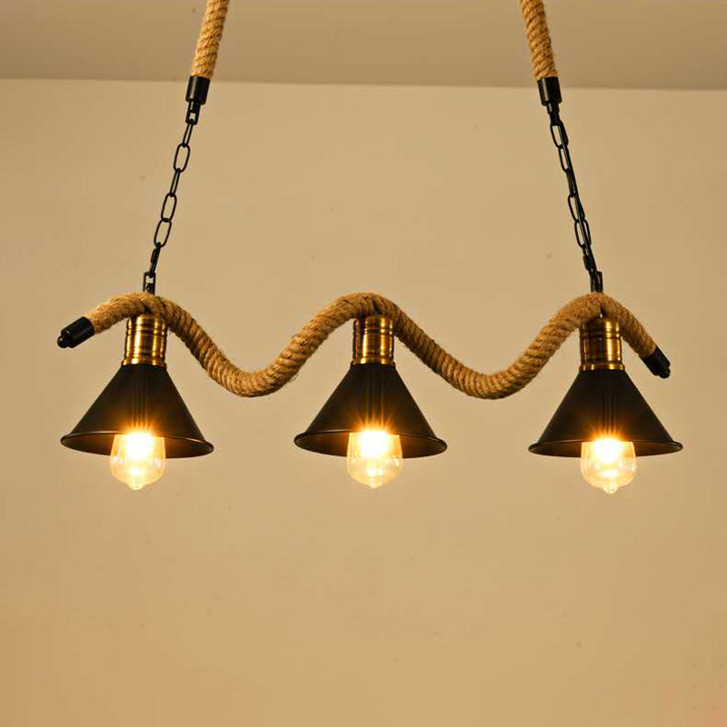 Metal Conical Island Ceiling Light Industrial Style Bar Pendant Lamp with Wavy Hemp Rope in Black Clearhalo 'Ceiling Lights' 'Island Lights' Lighting' 2283505