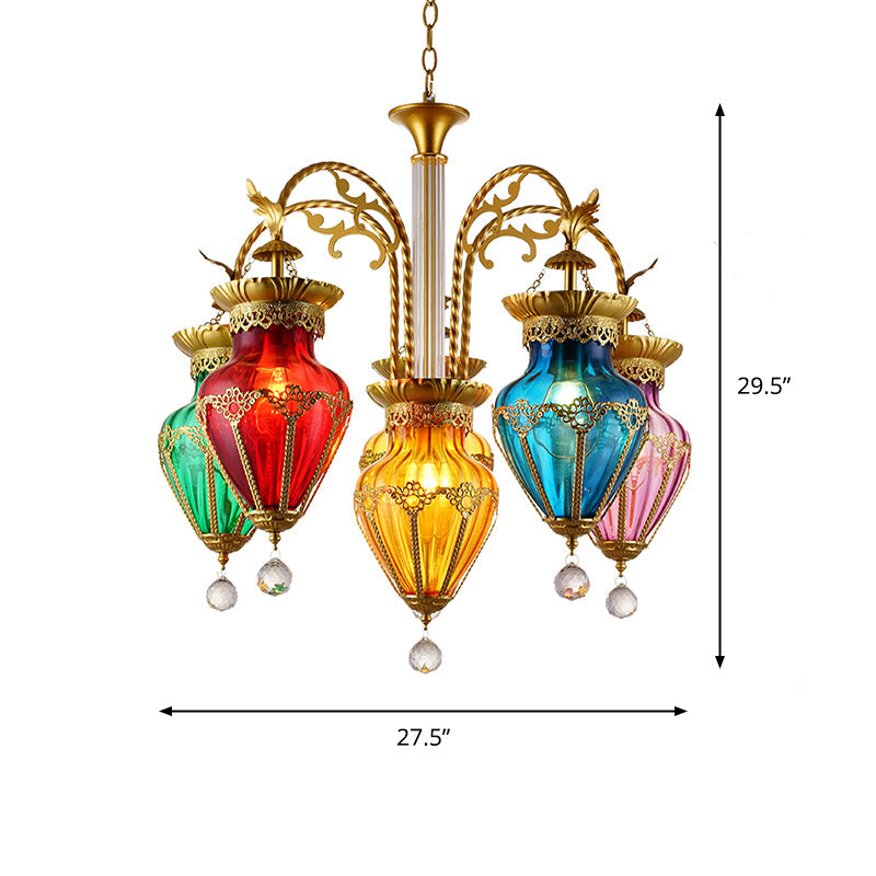 Colorful Glass Droplet Hanging Lamp Turkish 6-Light Living Room Chandelier in Gold Clearhalo 'Ceiling Lights' 'Chandeliers' 'Glass shade' 'Glass' 'Pendant Lights' Lighting' 2283565
