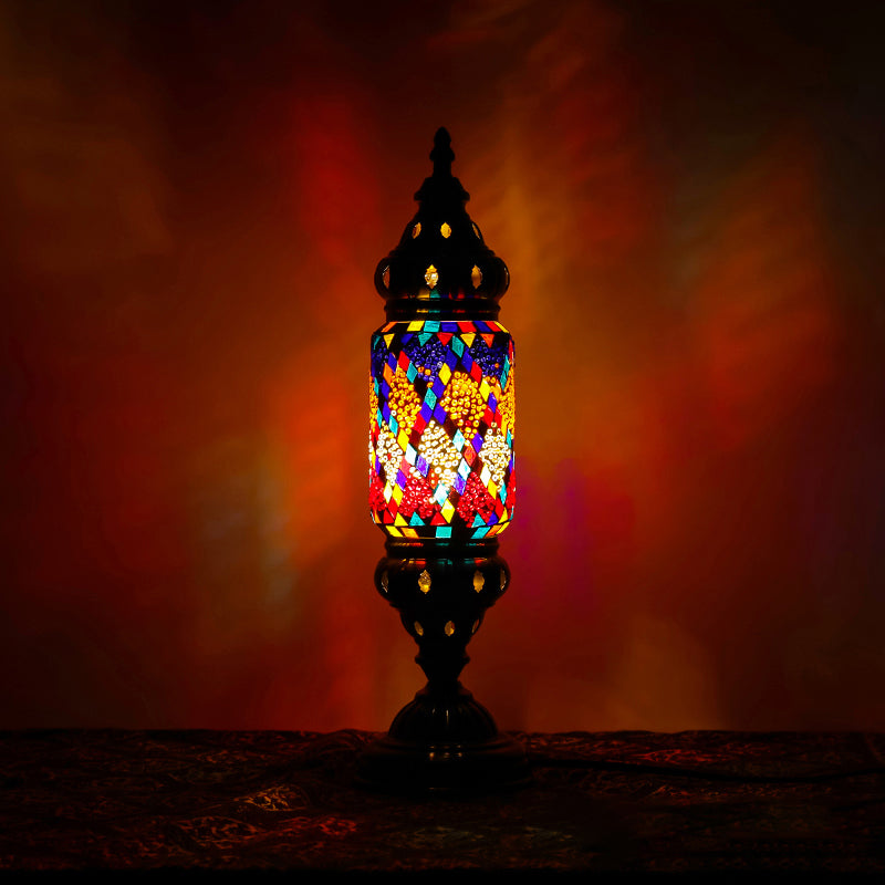 Mediterranean Tubular Night Light 1 Bulb Mosaics Glass Table Lighting in Nickel for Bedroom Clearhalo 'Lamps' 'Table Lamps' Lighting' 2283567
