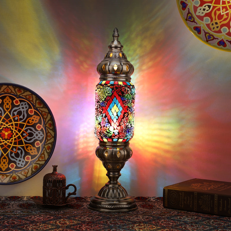 Mediterranean Tubular Night Light 1 Bulb Mosaics Glass Table Lighting in Nickel for Bedroom Clearhalo 'Lamps' 'Table Lamps' Lighting' 2283570