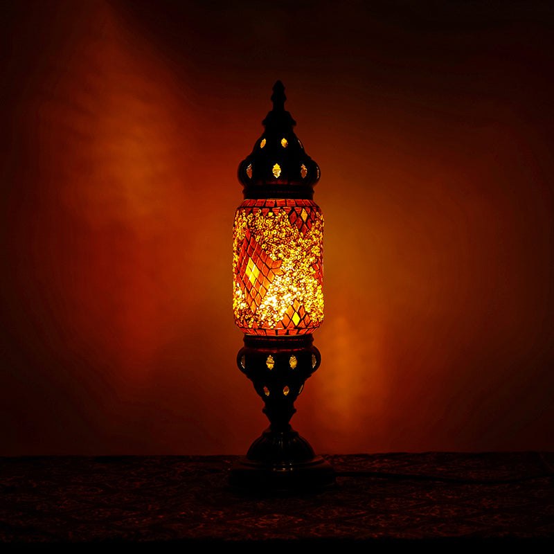 Mediterranean Tubular Night Light 1 Bulb Mosaics Glass Table Lighting in Nickel for Bedroom Clearhalo 'Lamps' 'Table Lamps' Lighting' 2283572