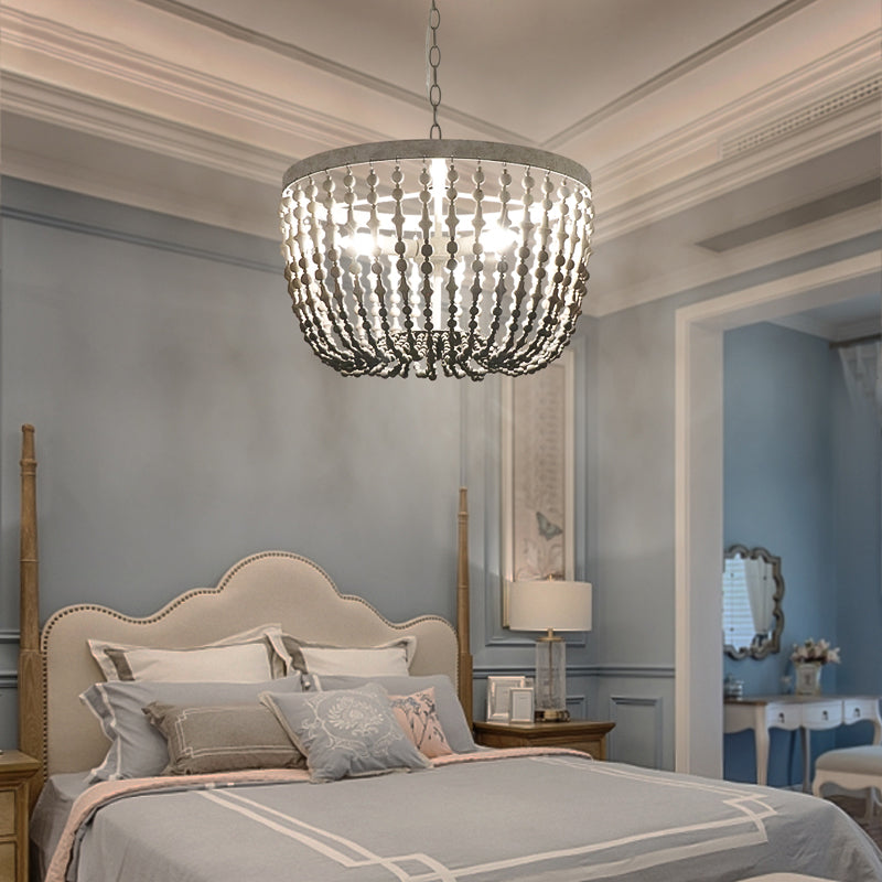 Beaded Wood Chandelier Lamp Rustic 3 Lights Bedroom Hanging Light Fixture in Black Clearhalo 'Ceiling Lights' 'Chandeliers' Lighting' options 228359