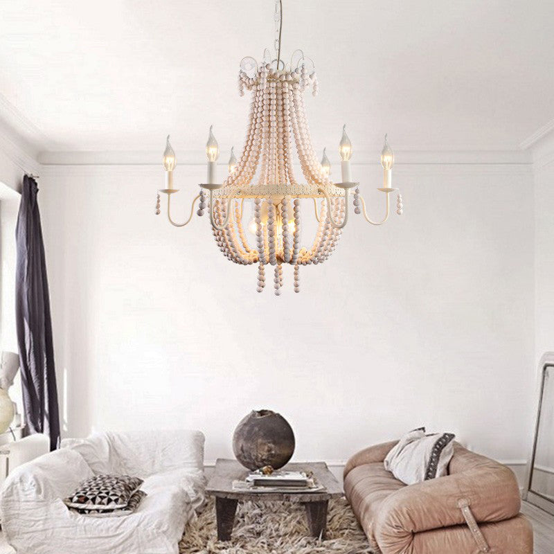 Empire Wood Strand Chandelier Light Rustic 9 Lights Dining Room Pendant Ceiling Light in White Clearhalo 'Ceiling Lights' 'Chandeliers' Lighting' options 228366