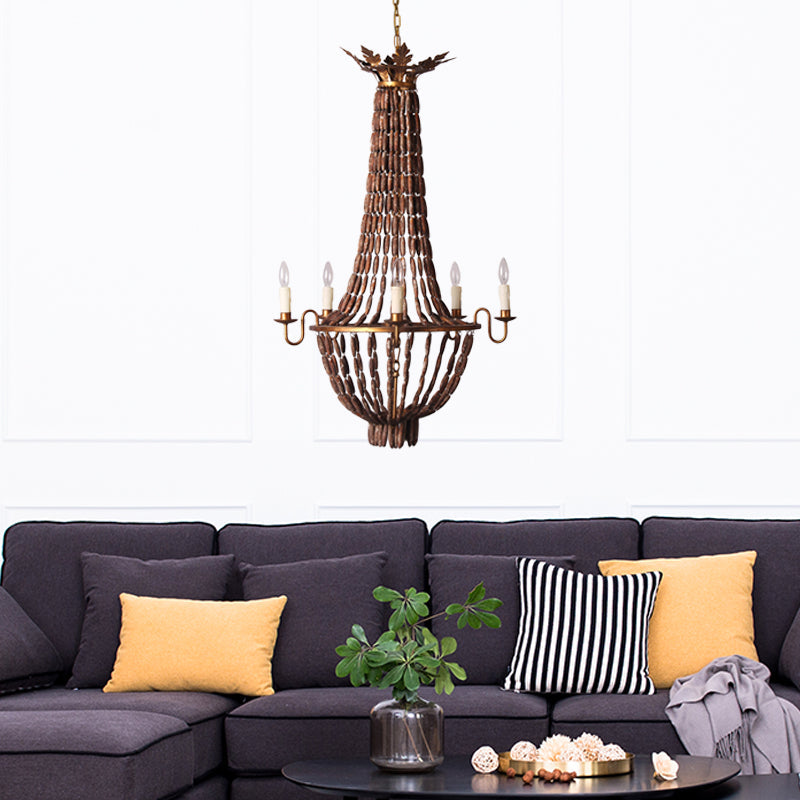 Empire Living Room Chandelier Lighting Vintage Wood 5 Lights Red Brown Pendant Light Clearhalo 'Ceiling Lights' 'Chandeliers' Lighting' options 228371