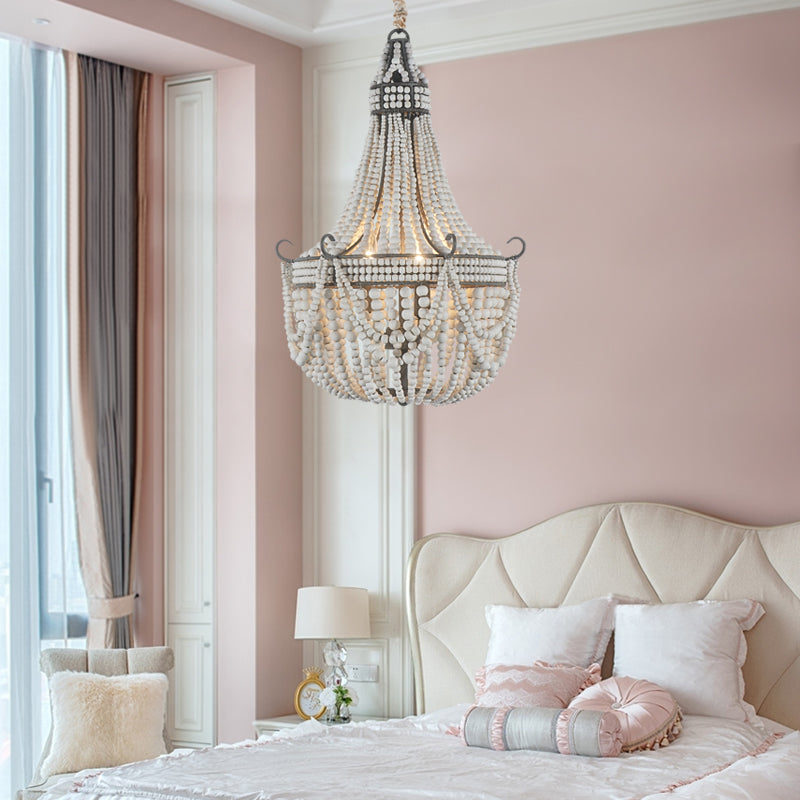 3 Lights Chandelier Light with Empire Shape Wood Strand Bedroom Ceiling Light in White White Clearhalo 'Ceiling Lights' 'Chandeliers' Lighting' options 228374_f1e041ae-d085-441d-844f-e1c6715f762b