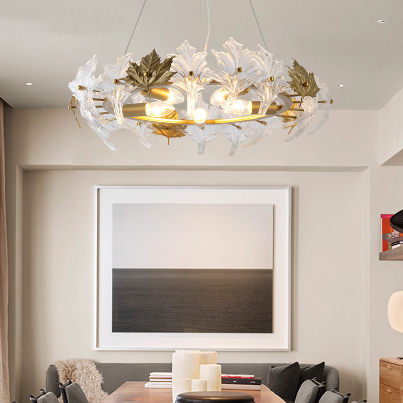 5 Lights Chandelier Light with Maple Crystal Colonial Living Room Hanging Light Fixture with Gold Ring Clearhalo 'Ceiling Lights' 'Chandeliers' Lighting' options 228401