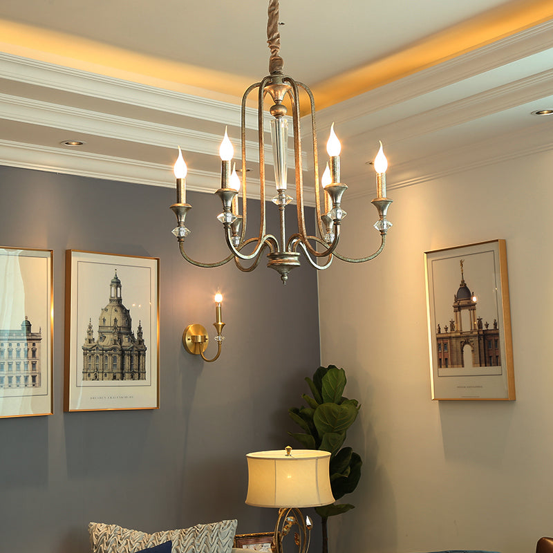 Candle Living Room Chandelier Light Rustic Metal 6 Lights Aged Silver Ceiling Pendant Light Clearhalo 'Ceiling Lights' 'Chandeliers' Lighting' options 228410
