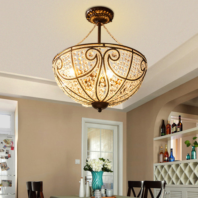 4 Lights Crystal Ceiling Mounted Light Rustic Bronze Bowl Bedroom Semi Flush Mount Light Clearhalo 'Ceiling Lights' 'Close To Ceiling Lights' 'Close to ceiling' Lighting' 228481