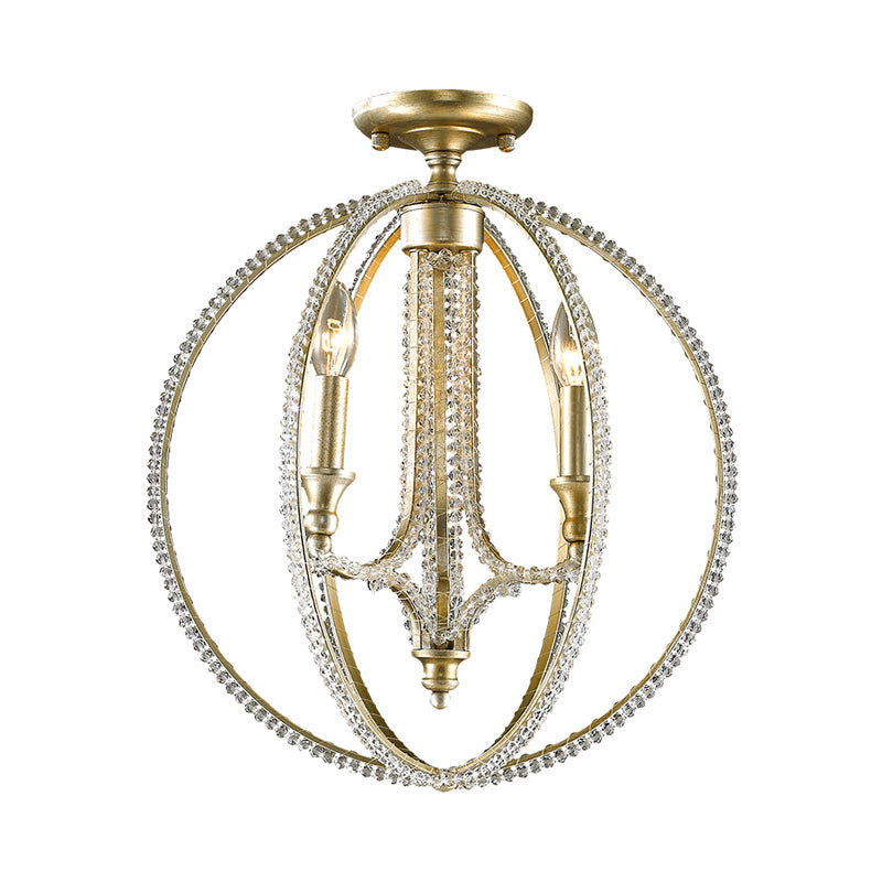 Orb Metal Semi Flush Mount Light Rustic 3 Lights Dining Room Ceiling Light with Crystal Accent in Brass Clearhalo 'Ceiling Lights' 'Close To Ceiling Lights' 'Close to ceiling' 'Semi-flushmount' Lighting' 228517