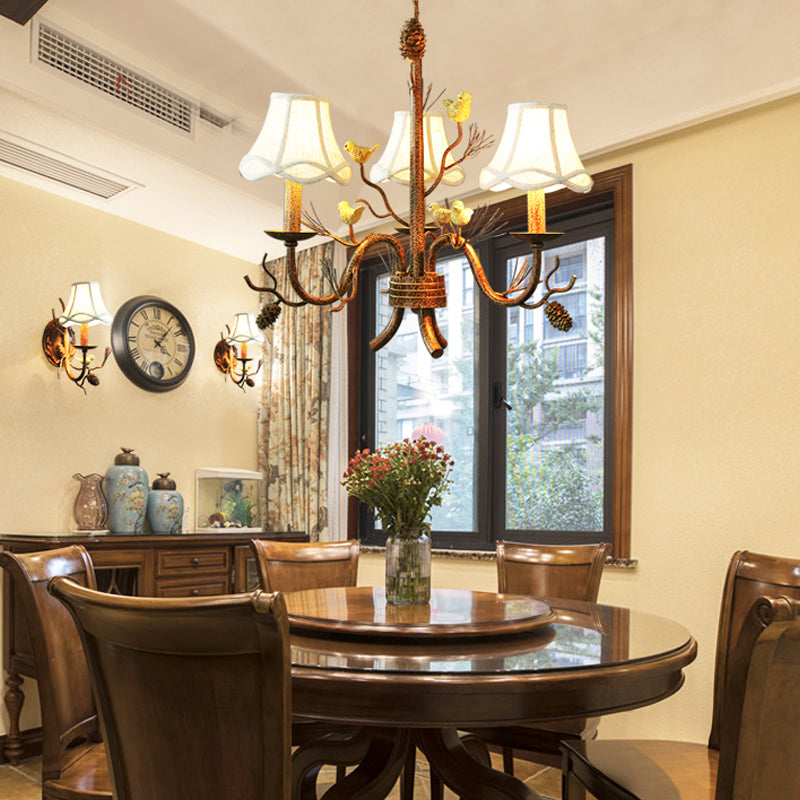 Brown 3 Lights Pendant Chandelier Rustic Metal Scalloped Hanging Light with Fabric Shade Clearhalo 'Ceiling Lights' 'Chandeliers' Lighting' options 228537