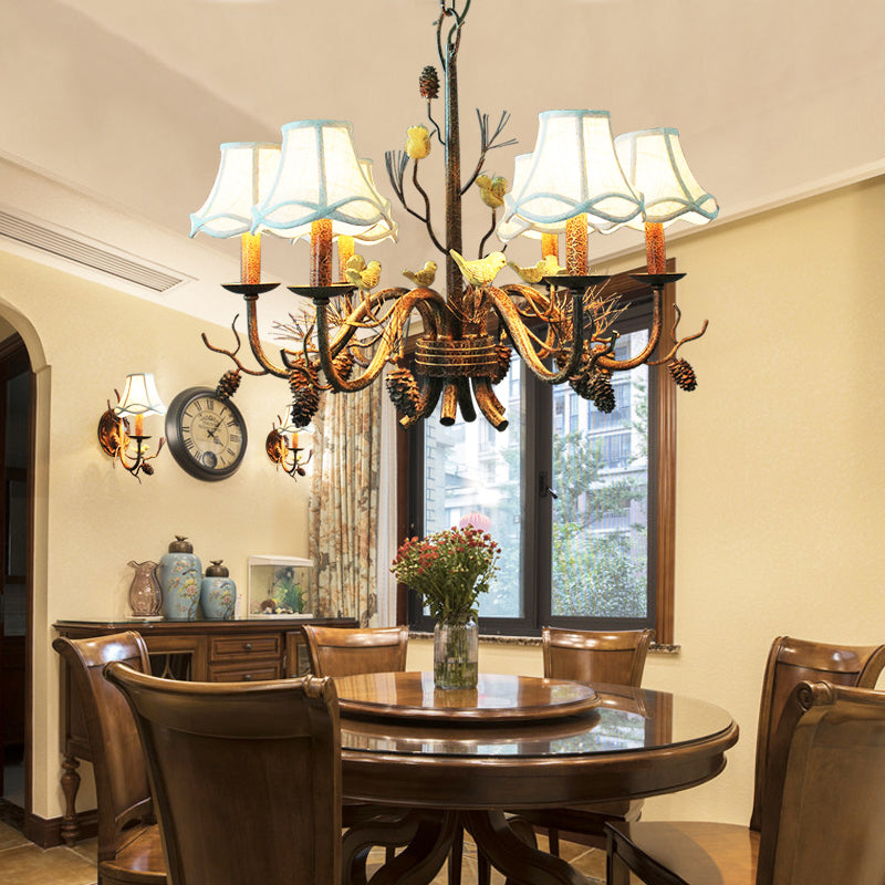 6 Lights Pendant Light Rustic Scalloped Metal Hanging Chandelier in White with Fabric Shade and Pinecone Clearhalo 'Ceiling Lights' 'Chandeliers' Lighting' options 228545