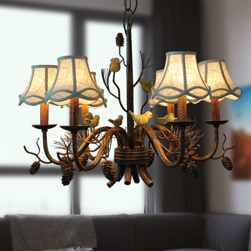 6 Lights Pendant Light Rustic Scalloped Metal Hanging Chandelier in White with Fabric Shade and Pinecone Clearhalo 'Ceiling Lights' 'Chandeliers' Lighting' options 228546