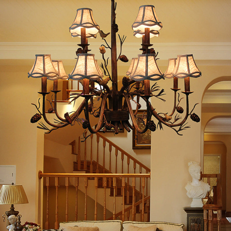 12 Lights Scalloped Chandelier Rustic Brown Metal Pendant Light Fixture with White Fabric Shade Clearhalo 'Ceiling Lights' 'Chandeliers' Lighting' options 228563