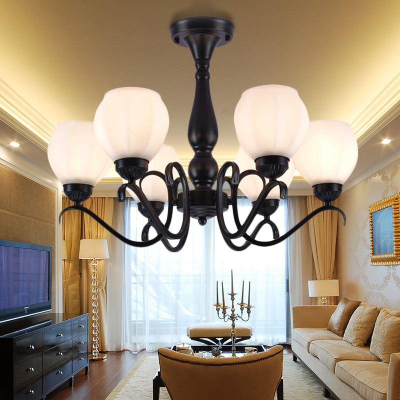Black 3/5/6 Lights Ceiling Mount Traditional White Glass Swooping Arm Semi Flush Light for Living Room 6 White Clearhalo 'Ceiling Lights' 'Close To Ceiling Lights' 'Close to ceiling' 'Glass shade' 'Glass' 'Semi-flushmount' Lighting' 228747