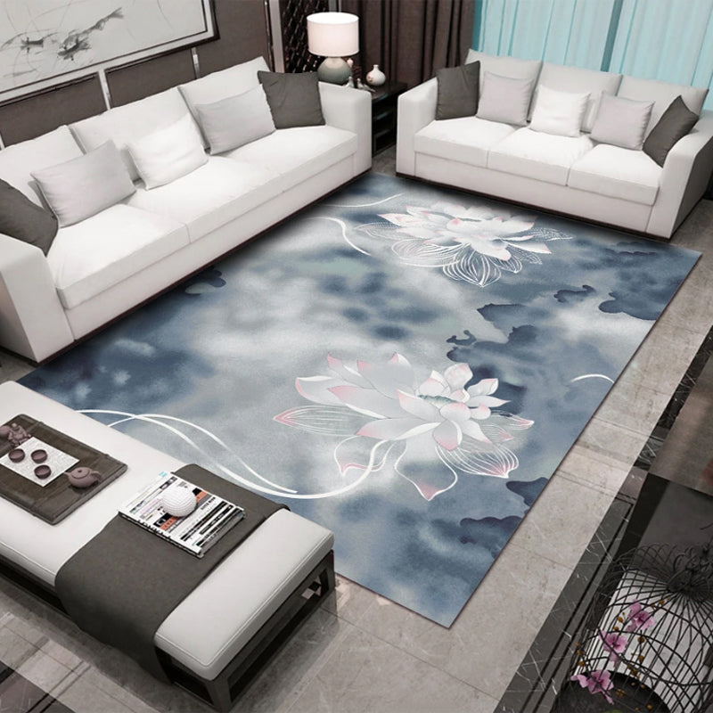Multi Color Flower Printed Rug Cotton Blend Modern Indoor Rug Non-Slip Backing Pet Friendly Carpet for Home Dark Blue-White Clearhalo 'Area Rug' 'Rug' 2288279