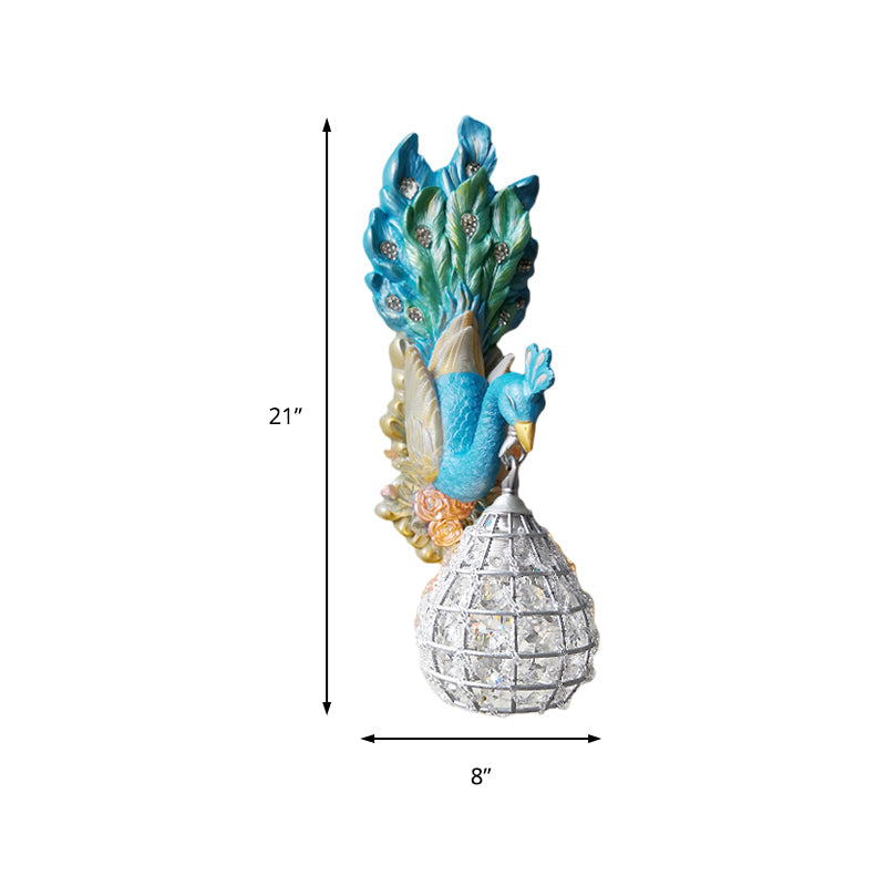 Blue Peacock Wall Light Fixture Southeast Asia Style Resin 1 Light Bedroom Sconce Lamp with Globe Frame Shade Clearhalo 'Wall Lamps & Sconces' 'Wall Lights' Lighting' 228870