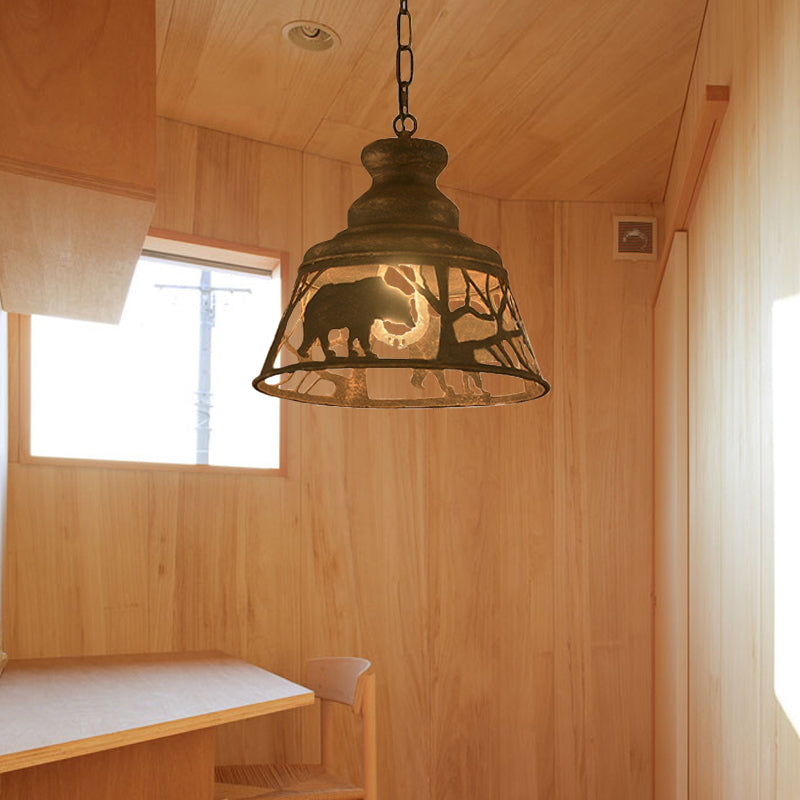 8"/12"/18" W Tapered Hanging Ceiling Light Country Metal 1/2 Lights Restaurant Pendant Lighting in Rust with Animal Pattern Rust 12" Clearhalo 'Ceiling Lights' 'Pendant Lights' 'Pendants' Lighting' 228933_5bc50afb-b566-4863-be88-44f9f49be5a5