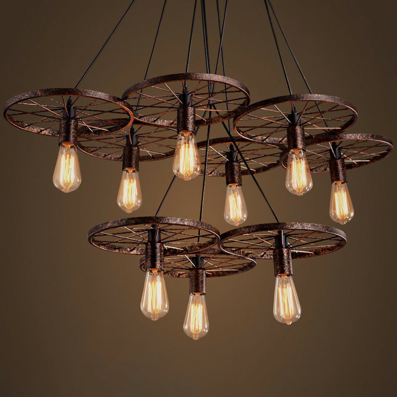 Loft Style Wagon Wheel Chandelier Cast Iron Suspension Pendant Light for Dining Room 9 Rust Clearhalo 'Cast Iron' 'Ceiling Lights' 'Chandeliers' 'Industrial Chandeliers' 'Industrial' 'Metal' 'Middle Century Chandeliers' 'Rustic Chandeliers' 'Tiffany' Lighting' 2289716