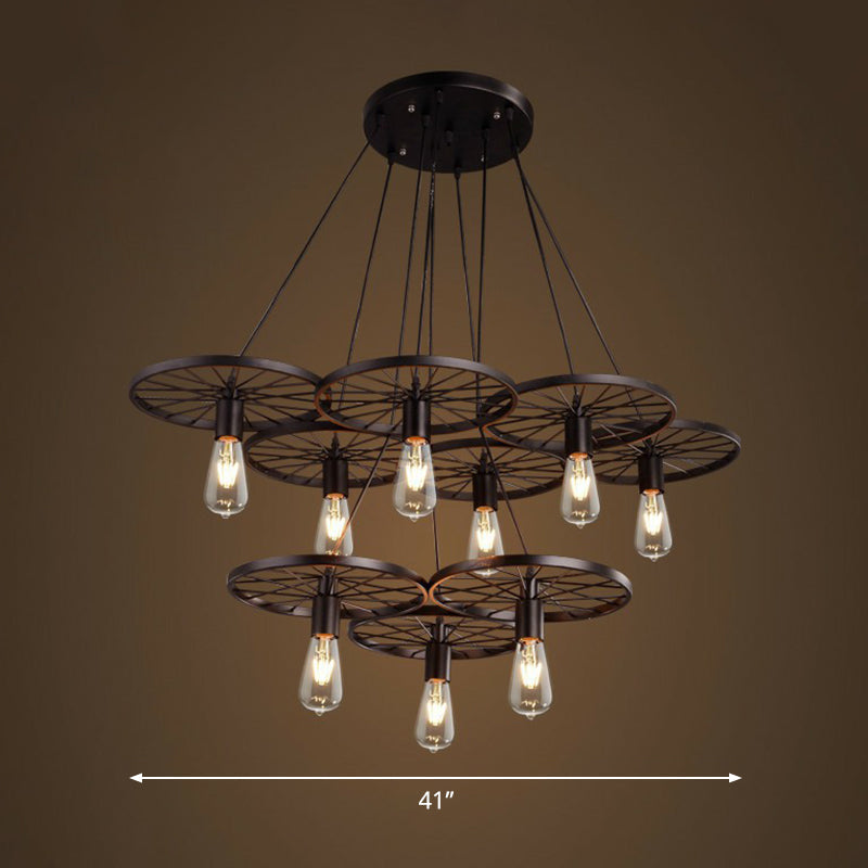 Loft Style Wagon Wheel Chandelier Cast Iron Suspension Pendant Light for Dining Room 9 Black Clearhalo 'Cast Iron' 'Ceiling Lights' 'Chandeliers' 'Industrial Chandeliers' 'Industrial' 'Metal' 'Middle Century Chandeliers' 'Rustic Chandeliers' 'Tiffany' Lighting' 2289718