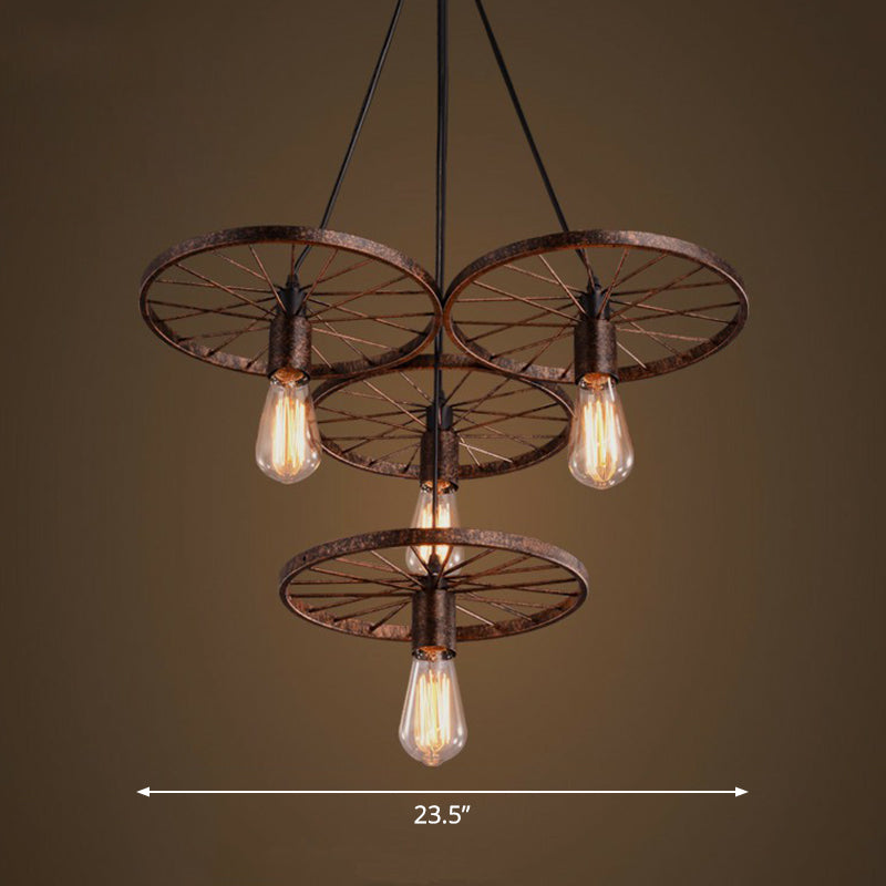 Loft Style Wagon Wheel Chandelier Cast Iron Suspension Pendant Light for Dining Room 4 Rust Clearhalo 'Cast Iron' 'Ceiling Lights' 'Chandeliers' 'Industrial Chandeliers' 'Industrial' 'Metal' 'Middle Century Chandeliers' 'Rustic Chandeliers' 'Tiffany' Lighting' 2289721
