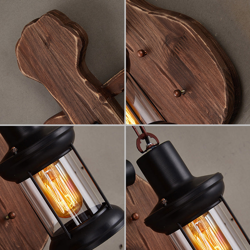 Nautical Novelty Guitar Wall Light Fixture 1-Light Wooden Sconce with Lantern Lampshade Clearhalo 'Industrial wall lights' 'Industrial' 'Middle century wall lights' 'Rustic wall lights' 'Tiffany' 'Wall Lamps & Sconces' 'Wall Lights' Lighting' 2289734