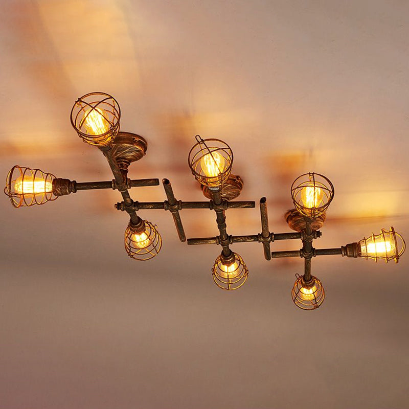 Piping Ceiling Light Fixture Industrial Antiqued Bronze Metal Semi Flush Mount Light with Cage Clearhalo 'Ceiling Lights' 'Close To Ceiling Lights' 'Close to ceiling' 'Semi-flushmount' Lighting' 2289832