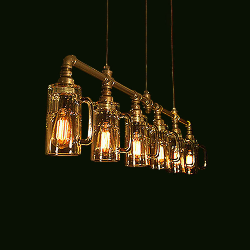 Beer Mug Bar Hanging Light Industrial Clear Glass 6 Bulbs Gold Island Lamp with Pipe Decor Clearhalo 'Ceiling Lights' 'Island Lights' Lighting' 2289853