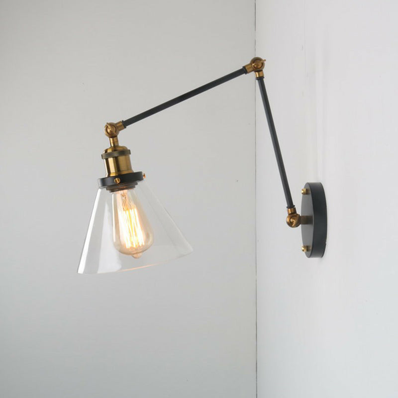 Vintage Cone Wall Light Fixture 1 Bulb Clear Glass Wall Mounted Lamp with Long Arm Clearhalo 'Art deco wall lights' 'Cast Iron' 'Glass' 'Industrial wall lights' 'Industrial' 'Middle century wall lights' 'Modern' 'Rustic wall lights' 'Tiffany' 'Traditional wall lights' 'Wall Lamps & Sconces' 'Wall Lights' Lighting' 2289990