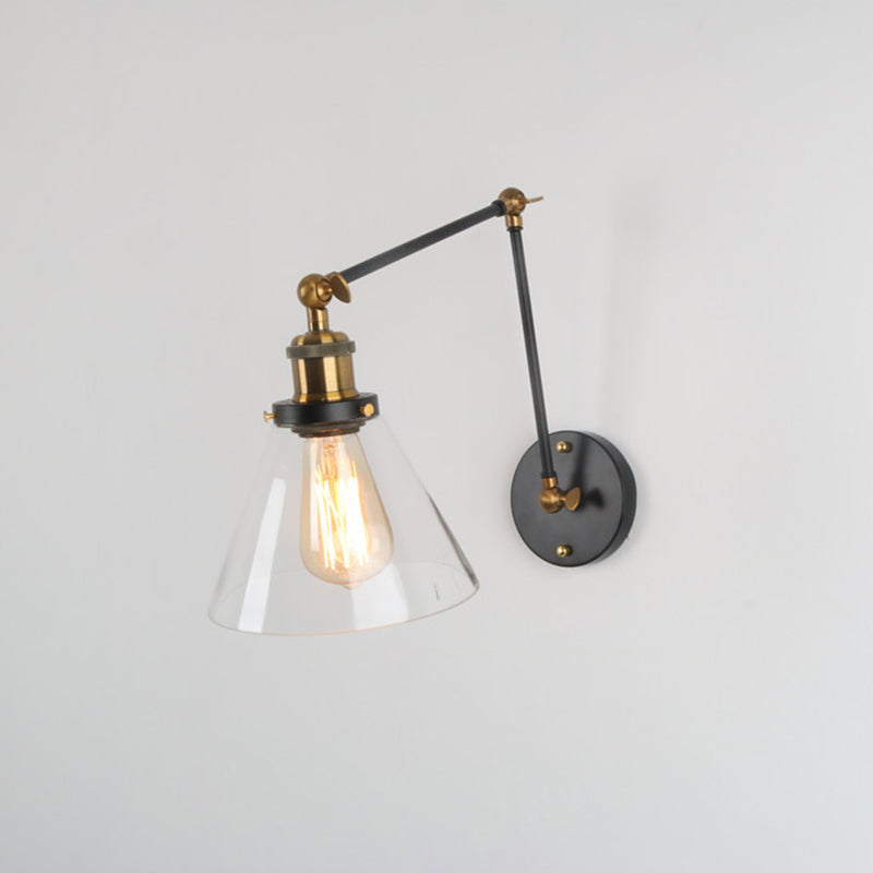 Vintage Cone Wall Light Fixture 1 Bulb Clear Glass Wall Mounted Lamp with Long Arm Clearhalo 'Art deco wall lights' 'Cast Iron' 'Glass' 'Industrial wall lights' 'Industrial' 'Middle century wall lights' 'Modern' 'Rustic wall lights' 'Tiffany' 'Traditional wall lights' 'Wall Lamps & Sconces' 'Wall Lights' Lighting' 2289992